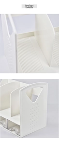 Detailed view of white desktop organizer with transparent drawers and vertical book slots
