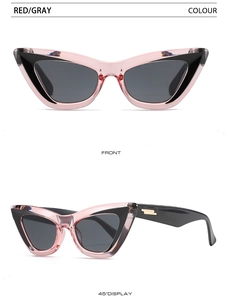 Front and 45 degree angle view of cat eye sunglasses in transparent pink and black