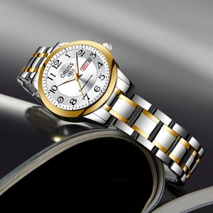 Montre à quartz étanche pour homme avec bracelet bicolore et cadran blanc à dateur