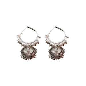 Ethnic silver Jhumka earrings with hollow filigree pattern and beaded tassels for women
