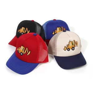 Detail of four kids mesh baseball caps featuring embroidered excavator truck patterns