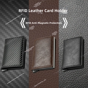 Three variants of RFID blocking leather card holders in carbon fiber and premium leathers