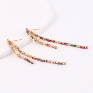 Elegant gold-tone long fringe drop earrings with multi-color cubic zirconia rainbow stones
