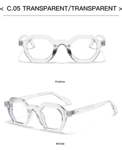 Front and 45-degree side views of polygon transparent eyewear frames with clear finish