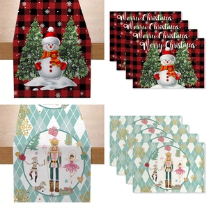 Christmas table runner and placemats with festive snowman and nutcracker patterns