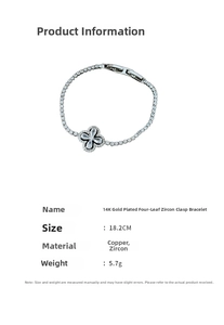 Macro detail of 18.2cm clover zircon bracelet with 14K gold plating and secure buckle