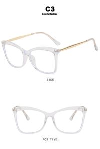 Detail view of cat eye glasses frames with transparent rims and gold metal temples