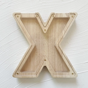 Detailed view of X-shaped wooden money box with transparent acrylic cover and metal screws