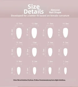 Detailed size guide for pink almond press-on nails with 12 sizes from 7.3mm to 13.9mm