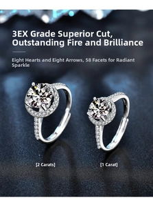Detail of 1ct and 2ct moissanite rings featuring 3EX halo setting and 925 silver bands
