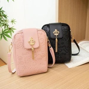 Sweet embossed floral cell phone bags in pink and black PU leather with crown tassel charms