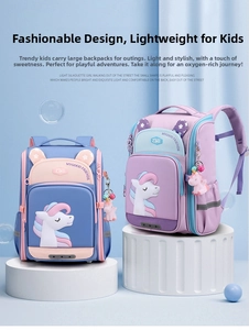 Detail view of unicorn kids backpack with premium waterproof fabric and cartoon pendants