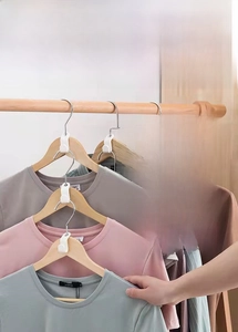 Space-saving white plastic hanger connector hooks showing vertical tiered shirt storage