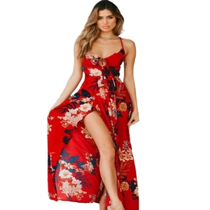 Women's summer red floral spaghetti strap long maxi dress with high slit and deep V-neckline