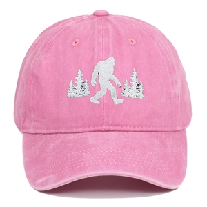 Pink washed denim baseball cap featuring Bigfoot and pine trees embroidery on front