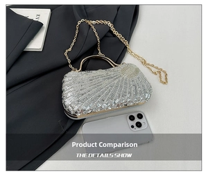 Close-up of silver sequin evening bag with gold metal handle and chain strap detail