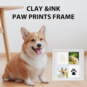 Detail of white 4-slot pet paw print frame for clay and ink footprints and photos