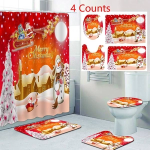 Christmas 4-piece bathroom set with Santa shower curtain and matching floor mats