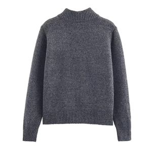 Women's dark gray knitted cardigan with stand collar and gold thread button detail