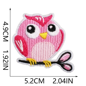 Detail of pink owl embroidered patch showing dimensions 5.2cm width and 4.9cm height
