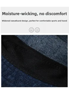 Detail view of the wide moisture-wicking sweatband inside a blue denim bucket hat