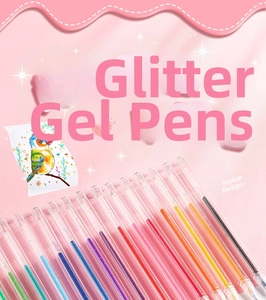 Detail shot of multi-color glitter gel pens with sparkling ink in transparent barrels