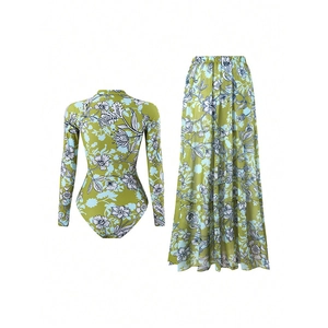 Olive green floral two-piece long sleeve swimsuit set with matching maxi beach skirt