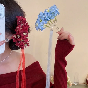 Vintage Fabric Flower Hair Stick With Long Chiffon Ribbon Streamer Elegant Ancient Chinese Style Hair Fork For Women