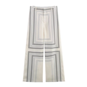 Damen Weite Hose Geometrischer Druck Polyester Satin Elastische Taille Lässig Streetwear Lange Hose Creme Schwarz