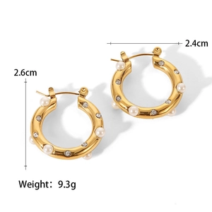 Elegant 18K gold-plated hoop earrings featuring white pearls and clear zircon accents