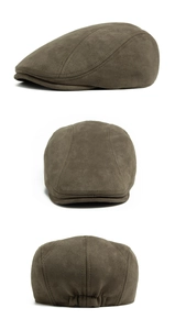 Three-view detail of olive suede beret showing side profile and elastic back strap