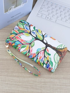 Women Long Zipper Wallet PU Leather Printed Butterfly Tree Of Life Design Phone Holder Clutch Purse Wristlet Strap