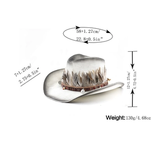 Detail of silver cowboy hat with feather trim and metal charms showing size and dimensions