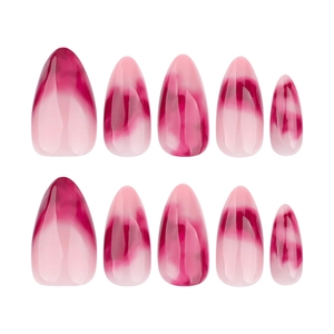 Lot de 10 faux ongles en amande avec dégradé de rose et rouge effet marbre