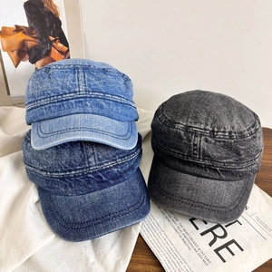 Washed Denim Cadet Cap For Women Retro Distressed Soft Brim Military Hat Foldable Sunshade Outdoor Casual Cotton Headwear