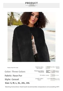 Size chart and fabric details for black faux fur casual coat featuring washing instructions