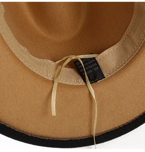 Detail view of cotton wool fedora hat lining with adjustable inner drawstring and tag