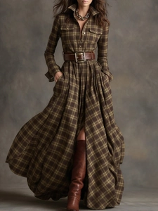 Close-up of brown plaid vintage dress with wide leather belt and textured fabric detail