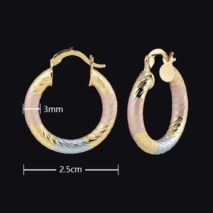 Orecchini a cerchio intrecciati a tre toni oro, rosa e argento, diametro 2,5 cm