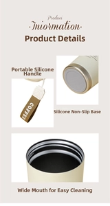 Detail view of coffee tumbler featuring a woven handle and non-slip silicone base