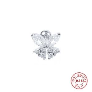 Macro view of sterling silver butterfly stud earring with sparkling crystal and 925 seal