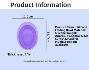 Detailed dimensions of foldable purple silicone makeup brush cleaning bowl showing measurements
