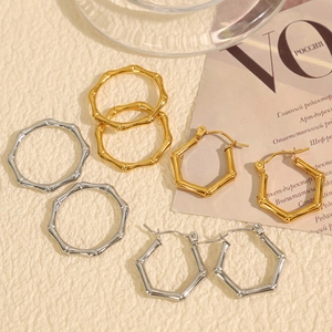 Bamboo Texture Stainless Steel Jewelry Set Hexagon Hoop Earrings Geometric Ring Gold Silver Plated Fashion Women Jewelry