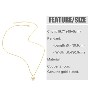 Size chart showing 45+5cm gold chain length and 0.9cm zircon letter W pendant