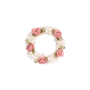 Sweet pink fabric rose and white pearl elastic hair tie for women in elegant Korean style