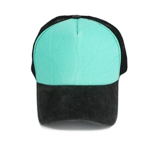 Distressed mint green and black trucker hat with breathable mesh back and vintage finish