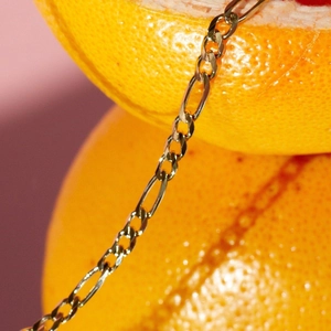 Collier à mailles Figaro en acier inoxydable doré présenté sur un agrume frais