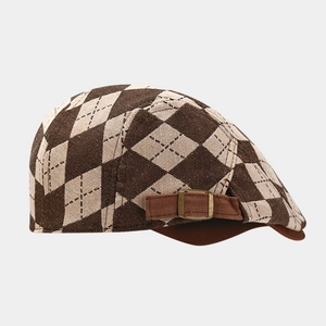 British retro newsboy cap with brown diamond pattern and metal side buckle adjustment