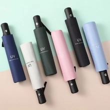 Detailed top view of automatic folding umbrellas in six colors with UV protection coating