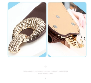 Close-up of brown elastic waist belt with textured gold buckle and stitching details